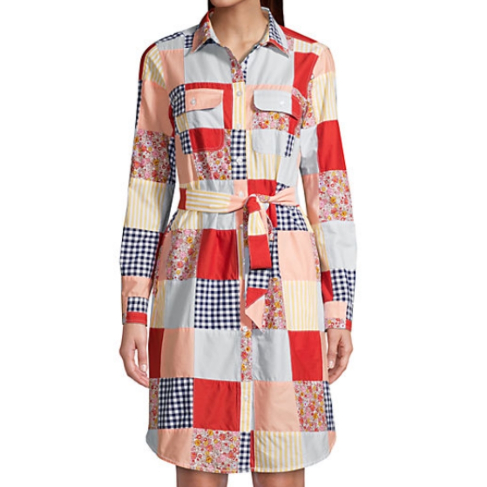 Land's End Dress XS Patchwork Style Mini Long sleeve Madras